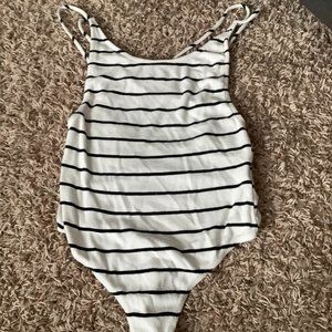 white and black one piece striped full swimsuit
